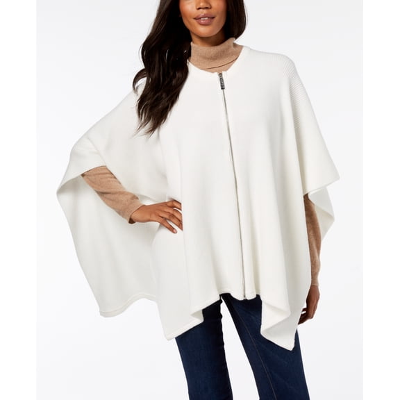 Womens Sweater Cream One Ponch Full-Zip Ribbed Knit One Size