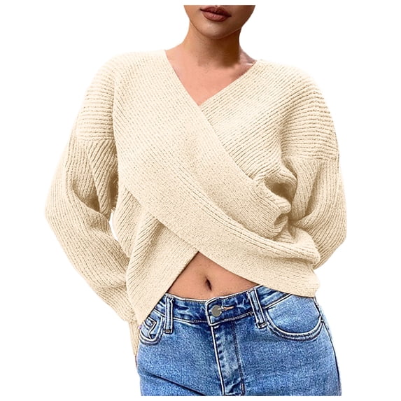 Womens Sweater Cropped Ruched V Neck Long Sleeve Cropped Knitted Fashion Twist Knot Lightweight Sweaters