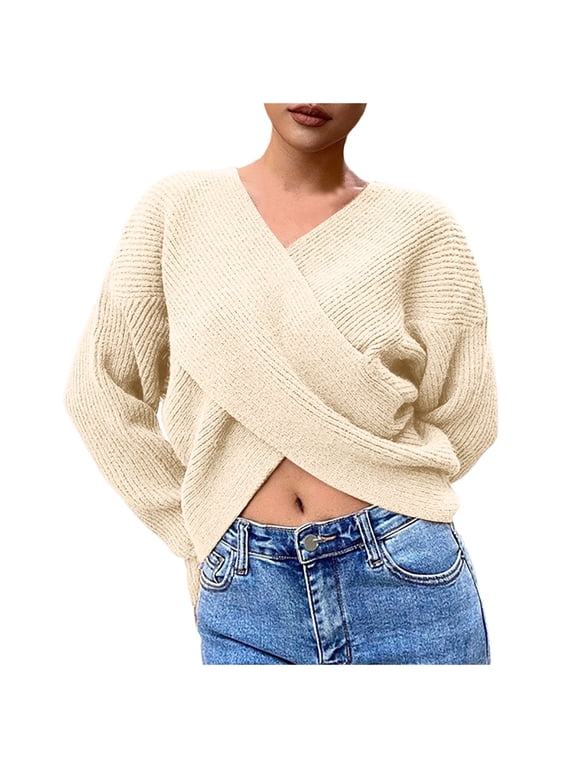 Womens Sweater Cropped Ruched V Neck Long Sleeve Cropped Knitted Fashion Twist Knot Lightweight Sweaters
