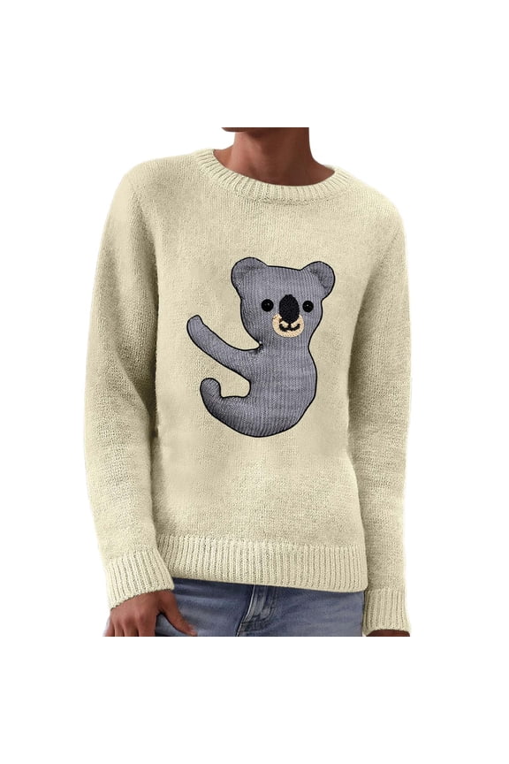 Womens Sweater Cute Cartoon Bear Graphic Knitted Long Sleeve Crew Neck Pullover Tops Light Yellow