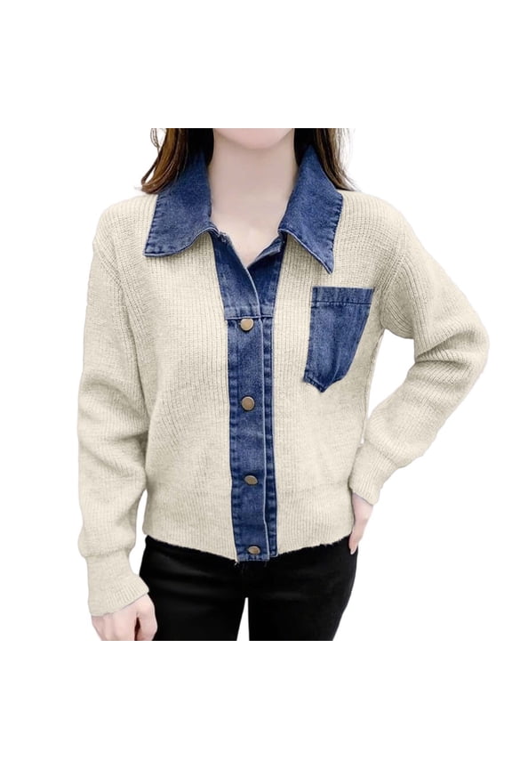 Womens Sweater Denim Patchwork Long Sleeve Button Lapel Knitted Cardigan With Pocket Lightweight Sweaters