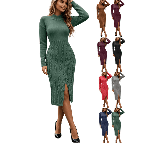 Womens Sweater Dress Cable Knit Long Sleeve Dresses Bodycon Crew Neck Basic Elegant Winter Outfits
