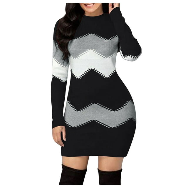 Womens Sweater Dress Crew Neck Long Sleeve Striped Wrap Warm Bodycon ...