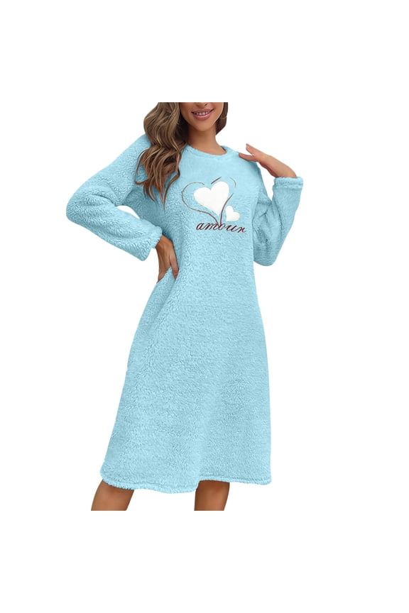 Womens Sweater Dress Fleece Sherpa Lined Round Neck Long Sleeve Oversized Hooded Lounge Robe Nightgown