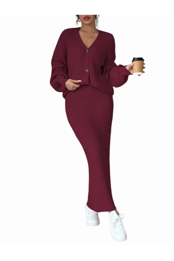 Womens Sweater Dress Knit Two Piece Maxi Skirt Sets Wine Red L