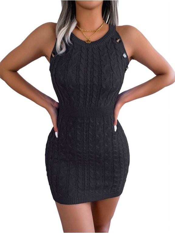 Womens Sweater Dress Summer Cable Knit Crewneck Sleeveless Bodycon Dresses