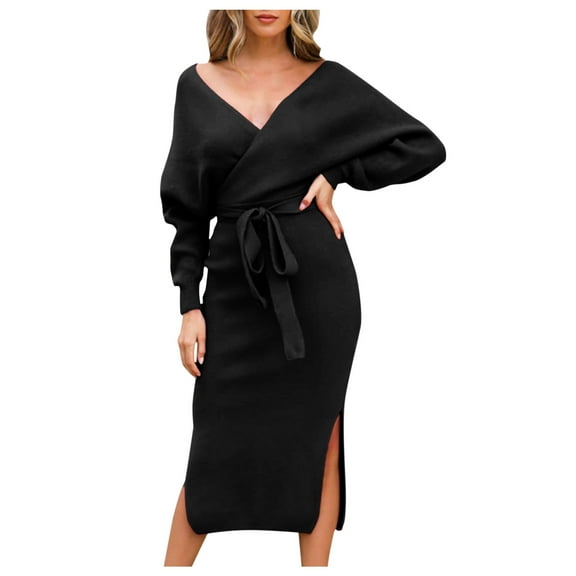 Womens Sweater Dress Womens Knit Sweater V Neck Wrap Knit Dresses Batwing Sleeve Sweater Dresses