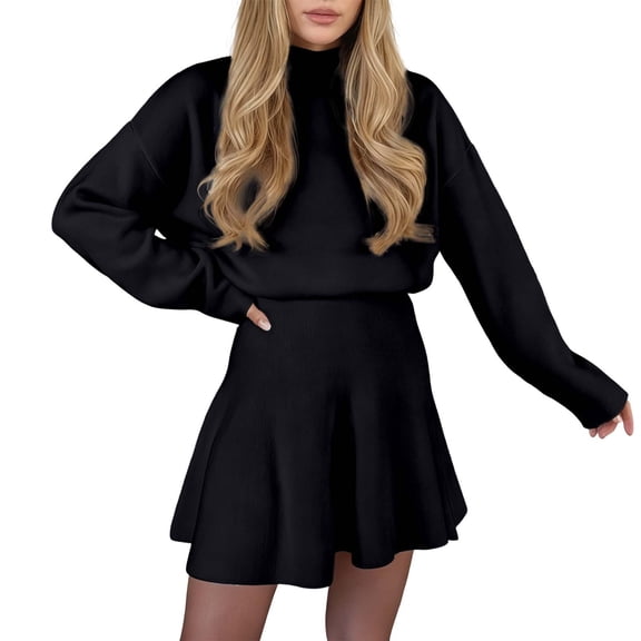 Womens Sweater Dresses for Winter Loose Fit Long Sleeve Turtle Neck Cute Casual Trendy Knit High Waisted Short Dress Black XXL