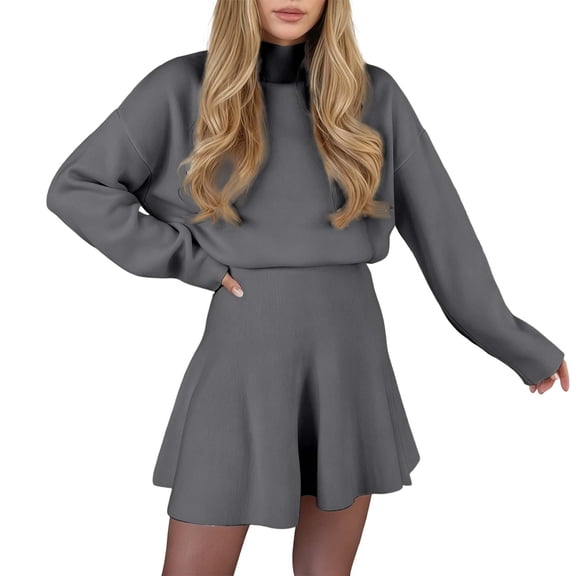 Womens Sweater Dresses for Winter Loose Fit Long Sleeve Turtle Neck Cute Casual Trendy Knit High Waisted Short Dress Grey M
