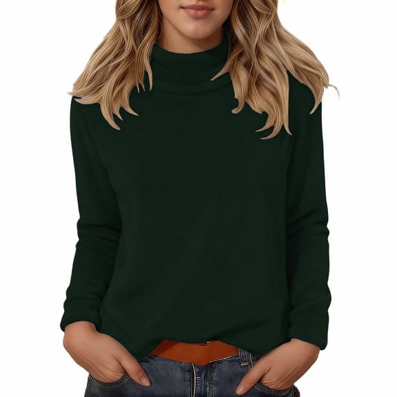 Womens Sweater Elegant Solid Turtleneck Knitted Long Sleeve Basic Casual Ladies Sweaters Dark Green