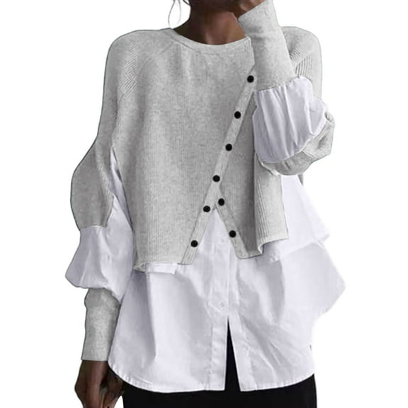 Womens Sweater 2 Piece Sweater Patchwork Button Down Shirts Color Block Blouse Trendy Outfits