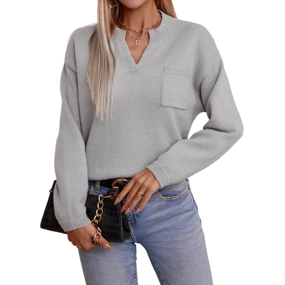 Womens Sweater Fall Winter Long Sleeve Casual Tops Ribbed Hem Knitwear Pullover Sweater Gray S