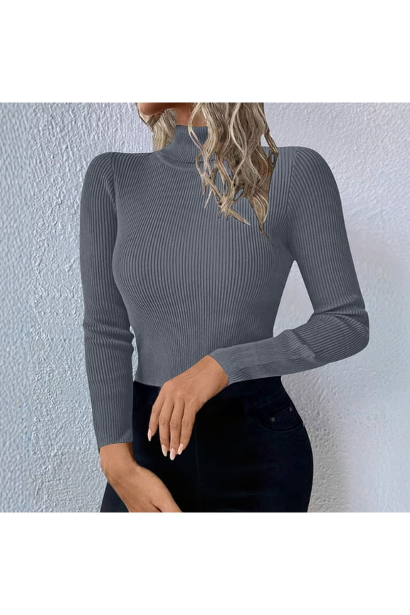 Womens Sweater High Neck Knitted Pullover Casual Solid Color Sweater Gray S Sweater for Women