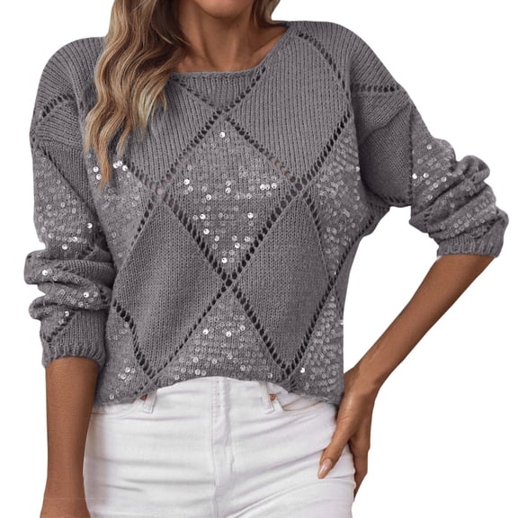 Womens Sweater Hollow Glitter Sequin Knitted Long Sleeve Crewneck Plus Size Sweater Grey