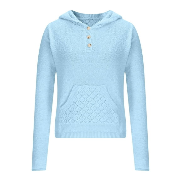 Womens Sweater Knitted Button Casual Top Hollow Long Sleeved V-neck Sweater Light Blue L Sweater for Women