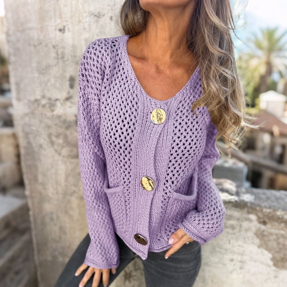 Womens Sweater Knitted Cardigan Button Solid Color Double Pocket Round Neck Sweater Purple S Sweater for Women