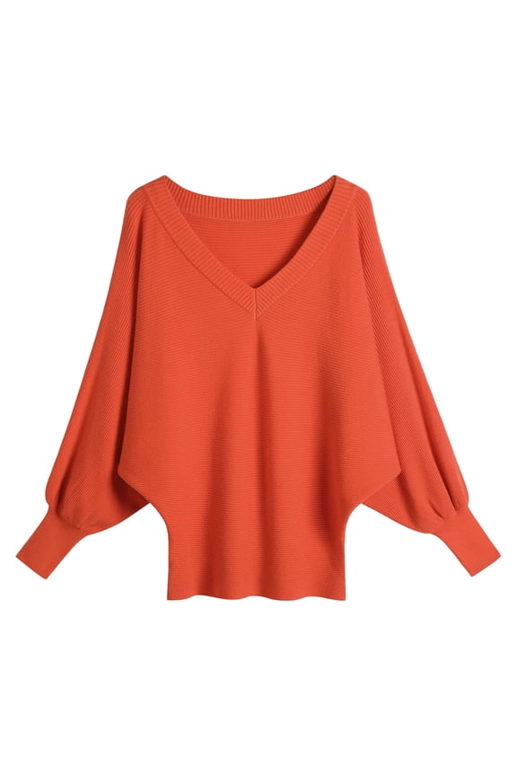 Womens Sweater Knitted Long Batwing Sleeve Solid Elegant Deep V Slim Plus Size Sweater Orange