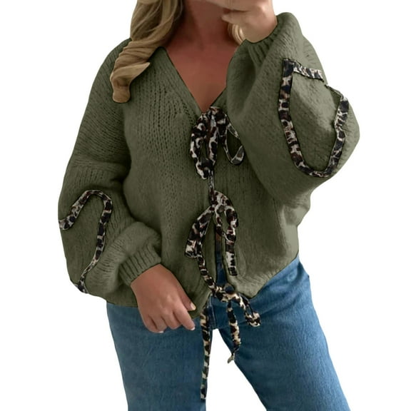 Womens Sweater Leopard Print Lace Up Cardigan Long Sleeve V Neck Knitted Pullover Tops