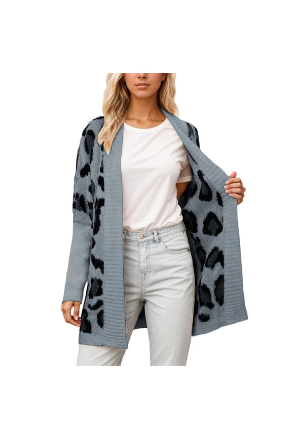 Womens Sweater Leopard Print Open Front Mid-Length Knitted Cardigan Casual Warm Sweaters
