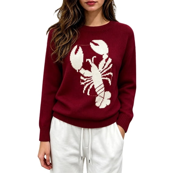 Womens Sweater Lobster Jacquard Crew Neck Loose Casual Long Sleeve Tops Fall Winter Pullover Blouse Daily Wear