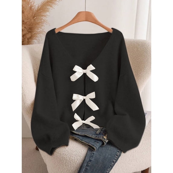 Womens Sweater Long Puff Sleeve V Neck Cardigan Lightweight Fashion Knit Tops Blue XL