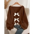 thumbnail image 1 of Womens Sweater Long Puff Sleeve V Neck Cardigan Lightweight Fashion Knit Tops Brown S, 1 of 5
