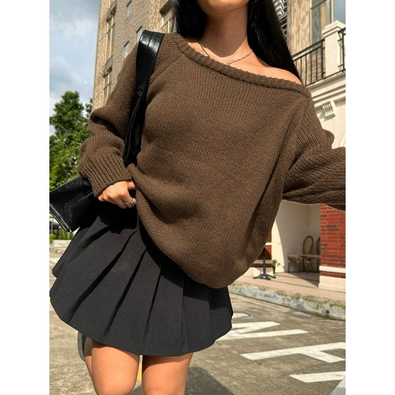 Womens Sweater Long Sleeve Crew Neck Pullover Fashion Knit Tops Khaki L