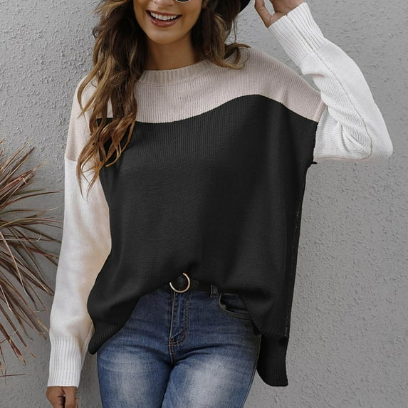 Womens Sweater Long Sleeve Round-Neck Solid Color Blouses Round-Neck Sweater Black M Sweater for Women