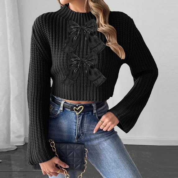 Womens Sweater Long Sleeved Bow Stand-Up Collar Blouses Casual Sweater Black S Sweater for Women