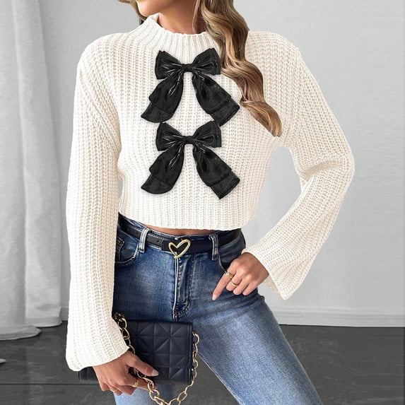 Womens Sweater Long Sleeved Bow Stand-Up Collar Blouses Casual Sweater White S Sweater for Women