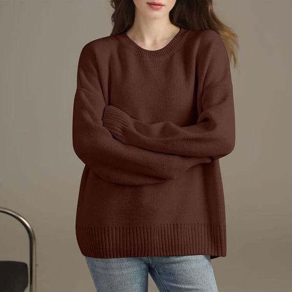 Womens Sweater Long Sleeved Round Neck Knitted Sweater Pullover Sweater Coffee M Sweater for Women