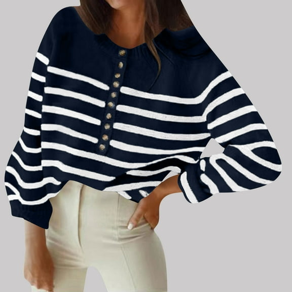 Womens Sweater Long Sleeved Round Neck Knitted Sweater Pullover Sweater Navy M Sweater for Women