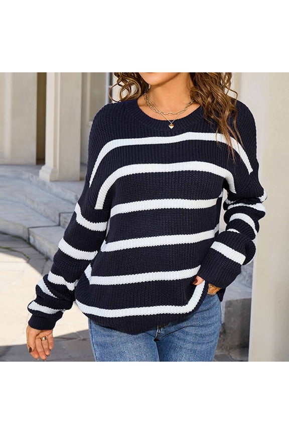 Womens Sweater Long Sleeved Striped Patchwork Knitted Round Neck Sweater Navy S,Blouse for Women
