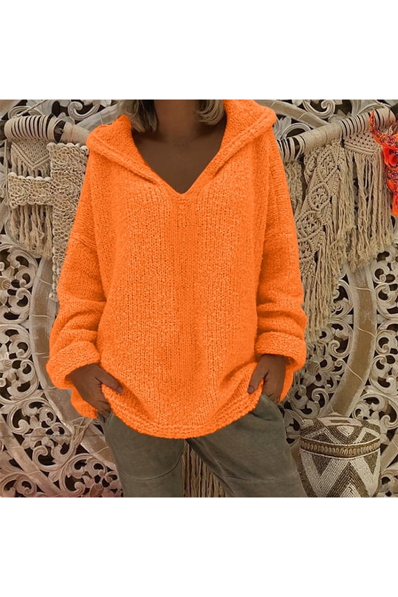 Womens Sweater Long Sleeved V-neck Solid Color Hooded Pullover Casual Sweater Orange M Sweater for Women