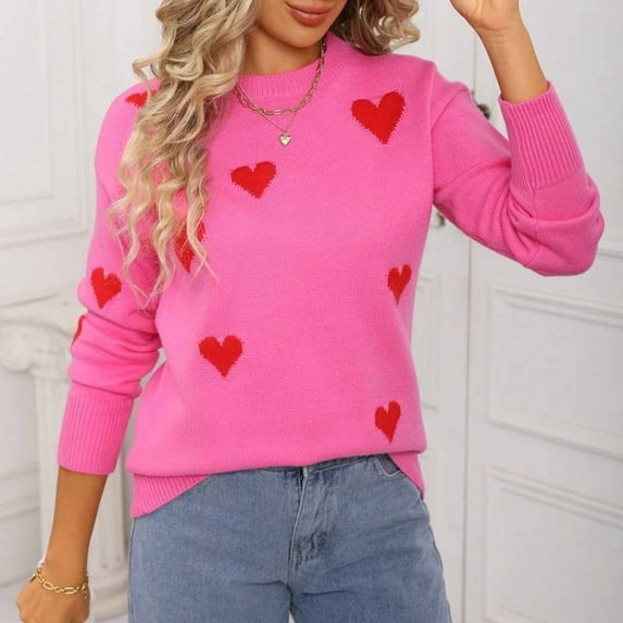 Womens Sweater Love Printing Long Sleeved Blouses Round Neck Pullover Knitted Sweater Hot Pink S Sweater for Women