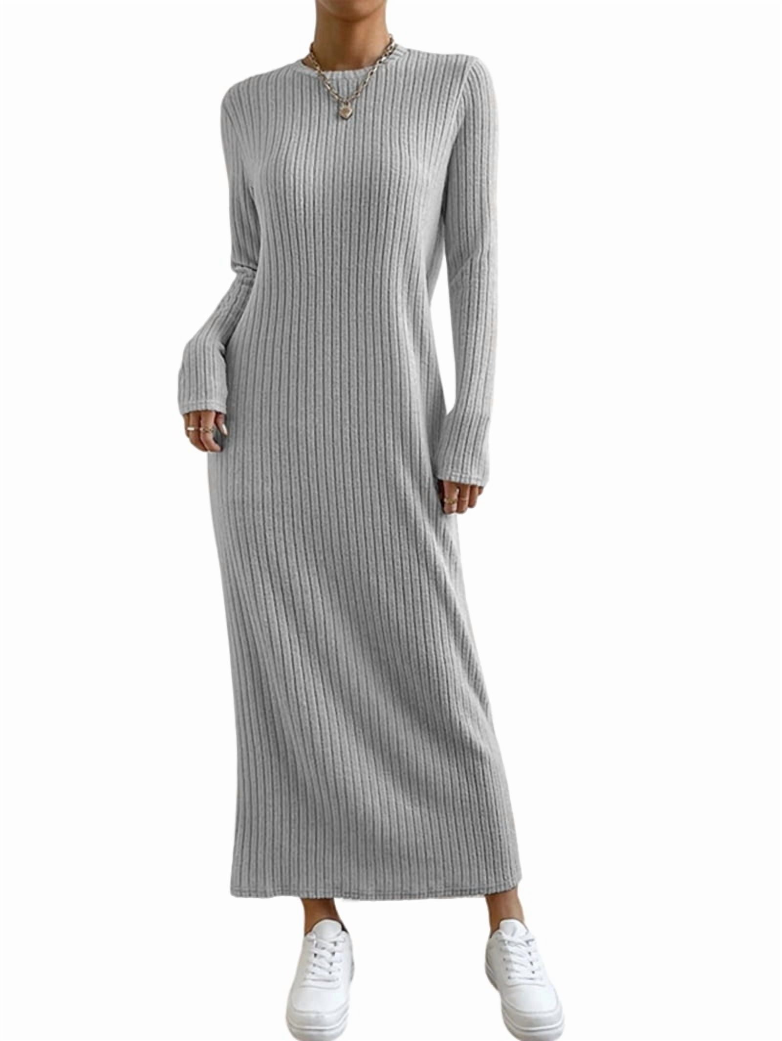 Womens Sweater Maxi Dress Long Sleeve Knit Ribbed Crew Neck Slim Fit Casaul  Fall Long Dresses Grey L