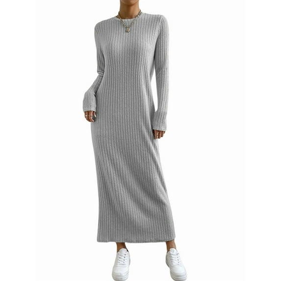 Womens Sweater Maxi Dress Long Sleeve Knit Ribbed Crew Neck Slim Fit Casaul Fall Long Dresses Grey L
