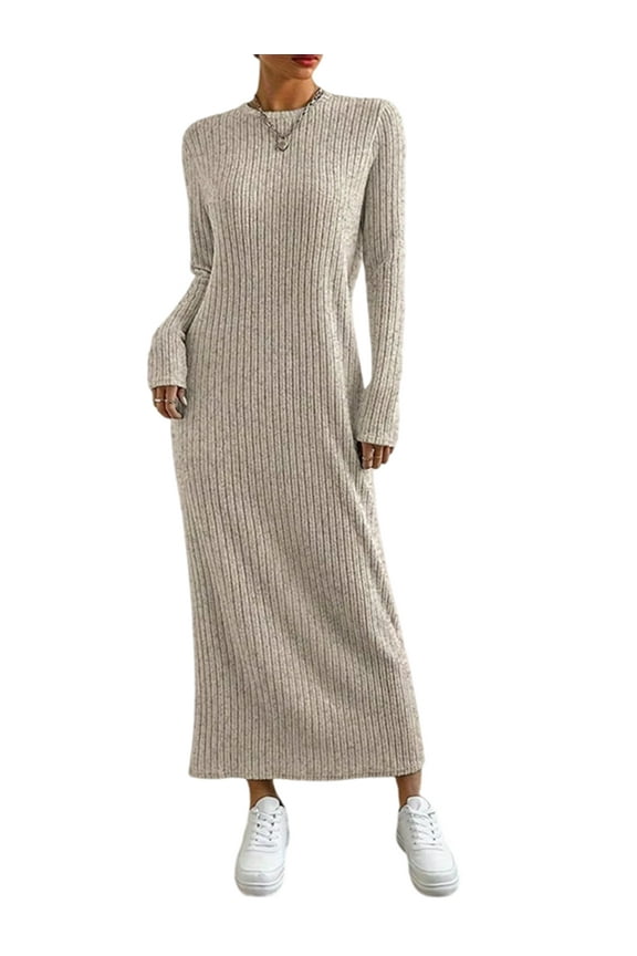 Womens Sweater Maxi Dress Long Sleeve Knit Ribbed Crew Neck Slim Fit Casaul Fall Long Dresses Khaki L
