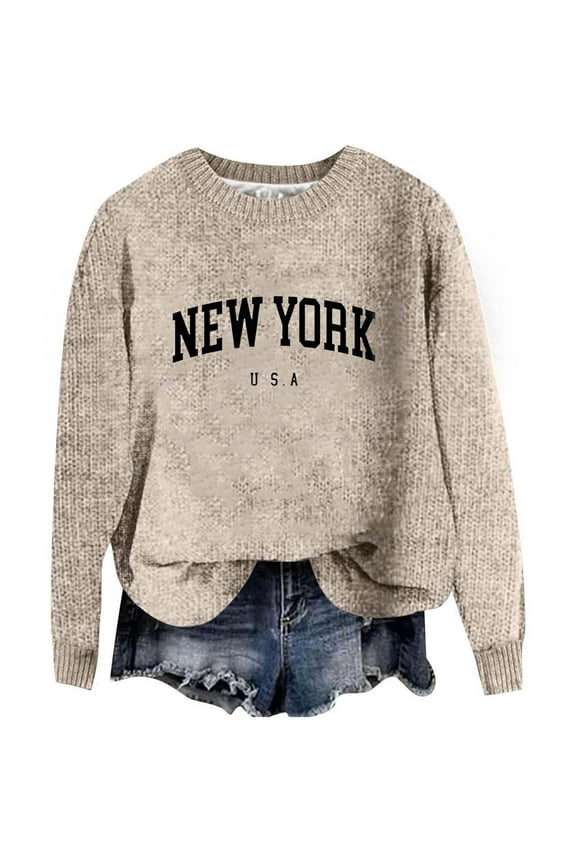 Womens Sweater New York Letter Print Long Sleeve Crew Neck Knitted Pullover Tops