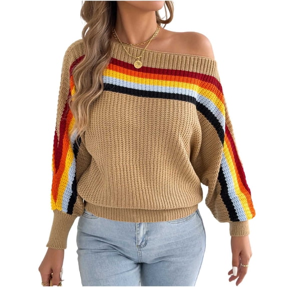 Womens Sweater Off Shoulder Oversized Knit Rainbow Striped Long Sleeve Pullover Casual Fall Winter Tops Khaki L