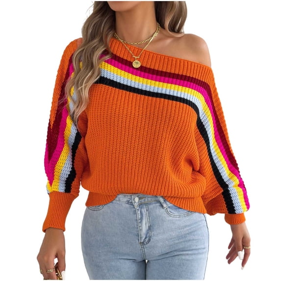 Womens Sweater Off Shoulder Oversized Knit Rainbow Striped Long Sleeve Pullover Casual Fall Winter Tops Orange S