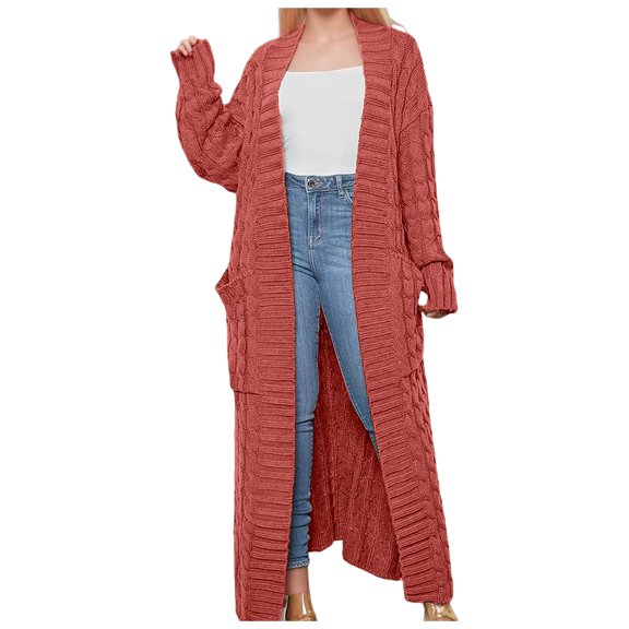 Womens Sweater Oversize Solid Cable Knitted Long Cardigan Elegant Open Front Knitted With Pocket Warm Sweaters