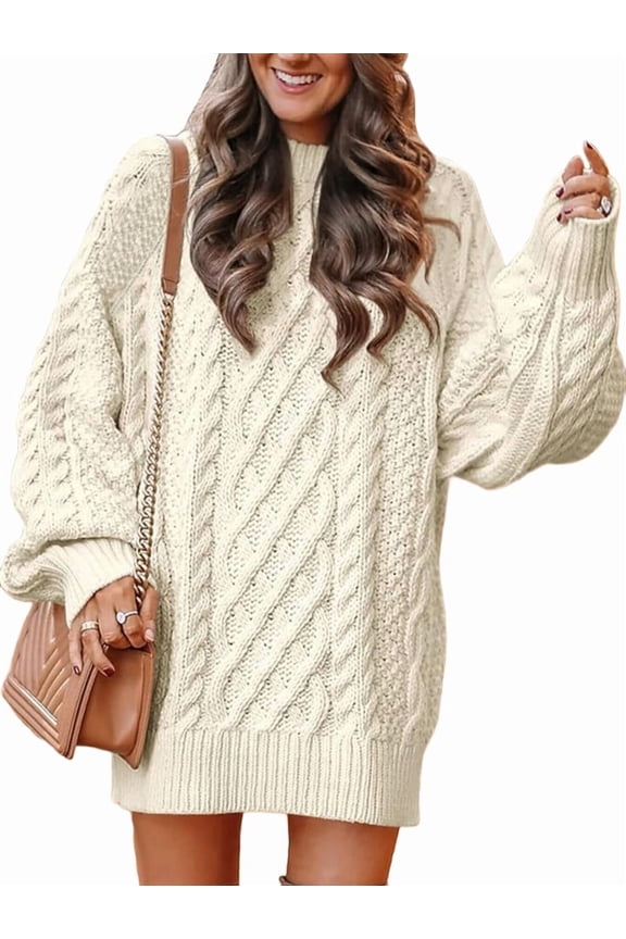 Womens Sweater Oversized Cable Knit Chunky Long Sleeve Crew Neck Short Dress Fall Vacation Winter Clothes L