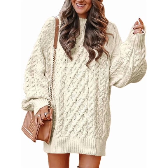 Womens Sweater Oversized Cable Knit Chunky Long Sleeve Crew Neck Short Dress Fall Vacation Winter Clothes L