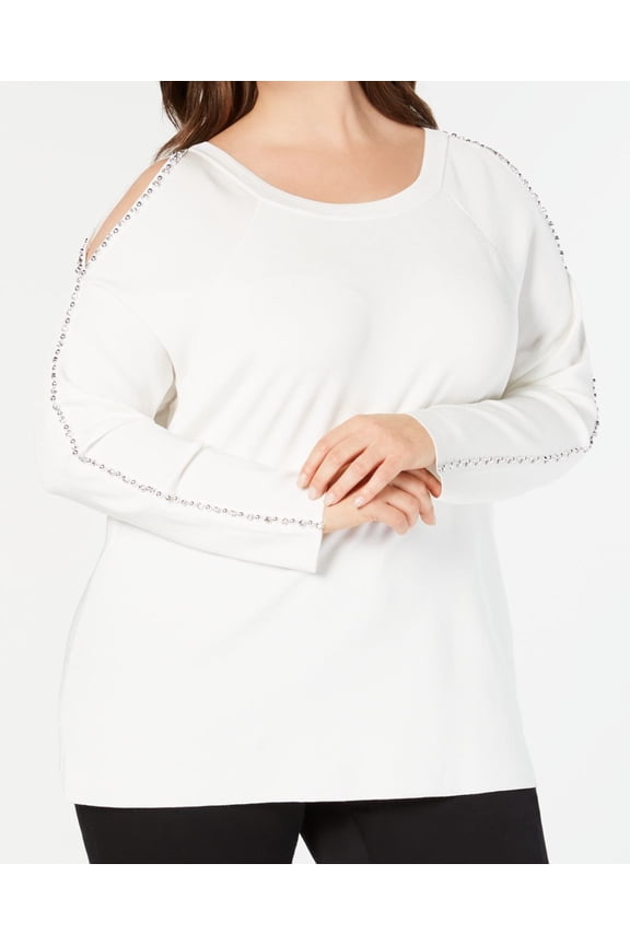 Womens Sweater Plus Pullover Cold-Shoulder Rhinestone 2X