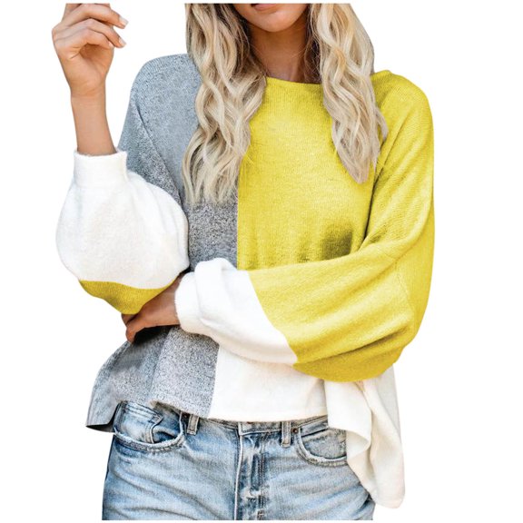 Womens Sweater Pullover Casual Long Sleeve Crewneck Color Block Pullover Knit Sweater for Teens Girls Yellow L