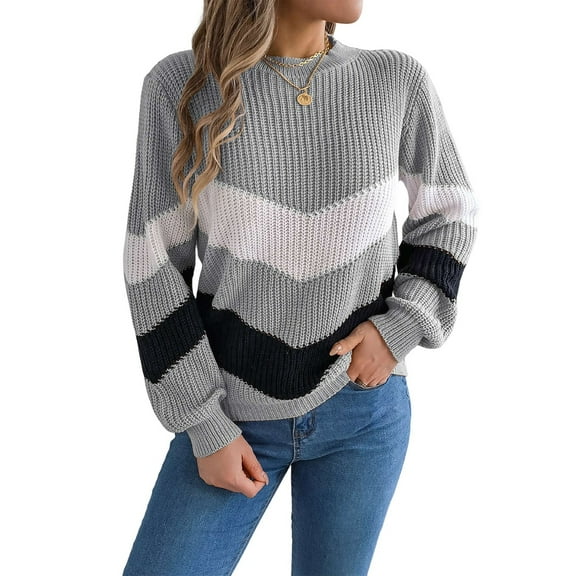 Womens Sweater Pullover Casual Long Sleeve Crewneck Color Block Pullover Knit Sweater for Women Grey L