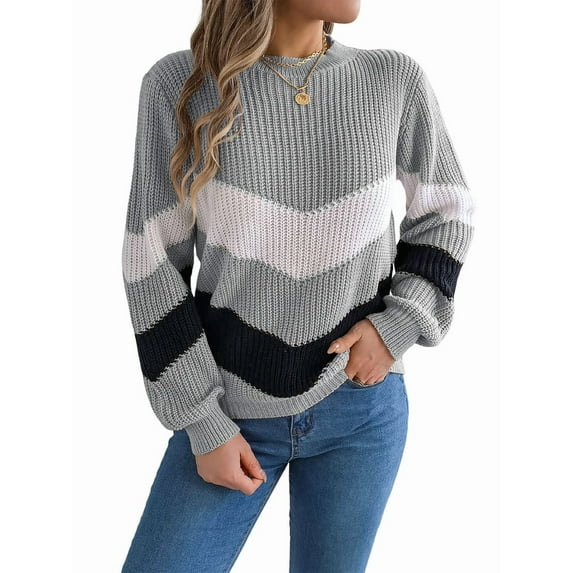 Womens Sweater Pullover Casual Long Sleeve Crewneck Color Block Pullover Knit Sweater for Women Grey XL