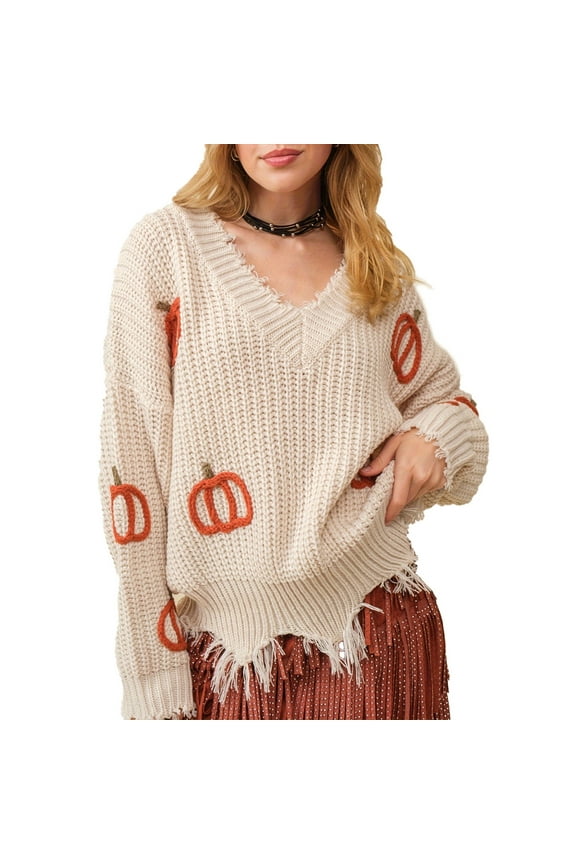 Womens Sweater Pumpkin Pattern Ripped Tassel Hem Long Sleeve V Neck Knitted Cropped Winter Sweaters