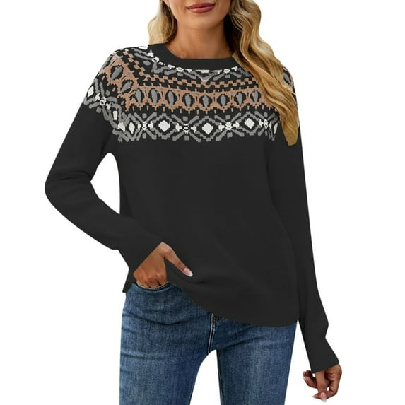 Womens Sweater Retro Jacquard Colored Knitted Shirt Casual Wear Pullover Sweaters Fall Sweaters Black XL